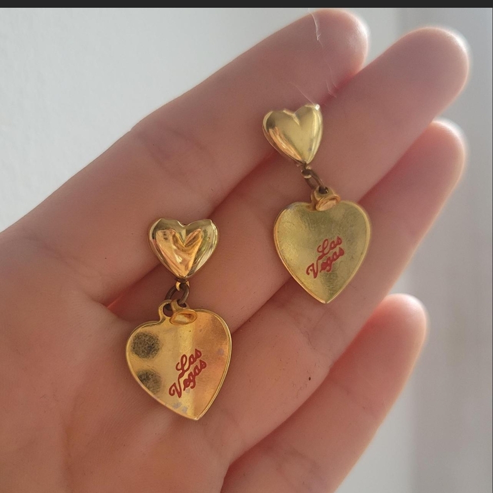 American Vintage Gold Heart Earrings with Red Accent